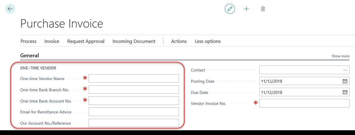 One time vendor purchase Invoice